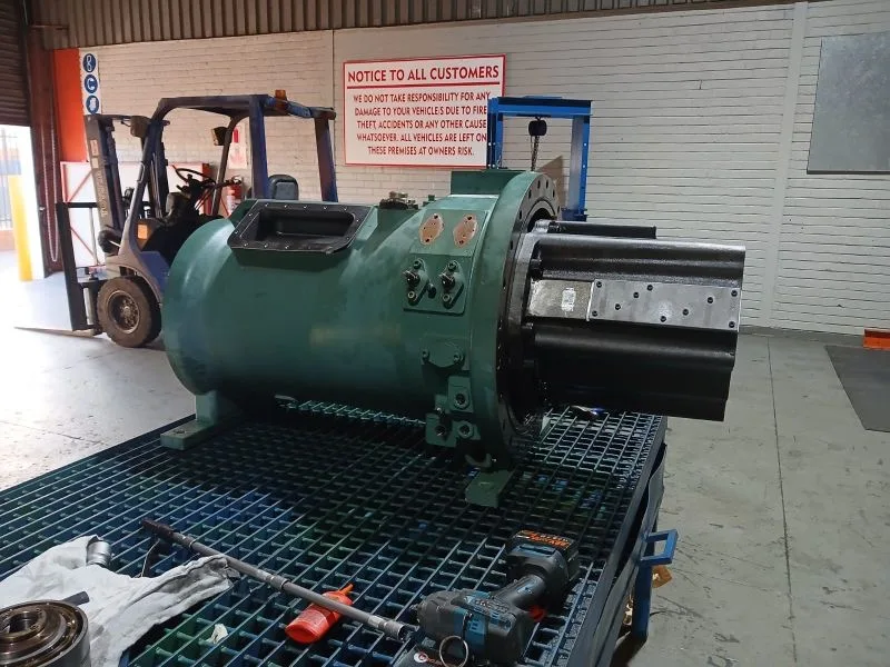 A Bitzer screw compressor during assembly in the workshop