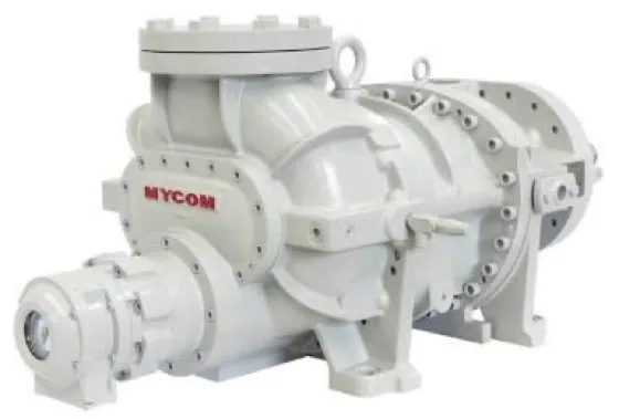A MYCOM open-drive industrial screw compressor, manufacturer casting visible