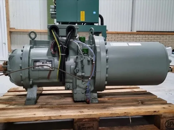 A Hitachi screw compressor with legible manufacturer nameplate, reference image